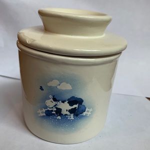 Blue and White Cow Farm Butter Bell Crock- A Couple Minor Chips